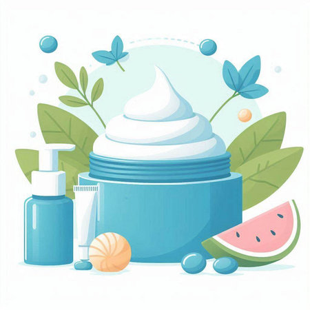 Cosmetic cream jar with watermelon and leaves. Vector illustration.のイラスト素材