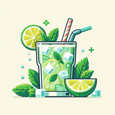 Mojito cocktail with lime, mint and ice. Vector illustration.のイラスト素材