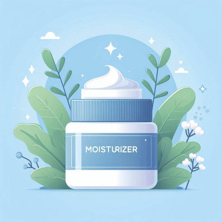 Mockup of face cream in a jar with green leaves on a blue background.のイラスト素材