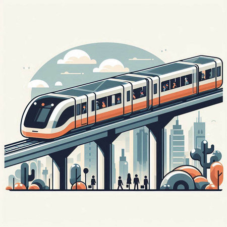 Subway train on the background of the city. Vector illustration.のイラスト素材