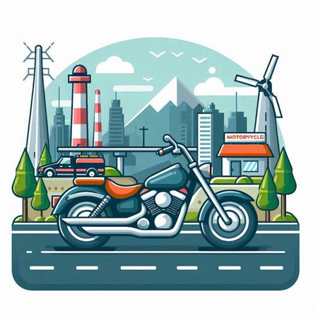 Motorcycle on the road in the city. Vector illustration in flat style.のイラスト素材
