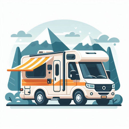 Camping trailer in the mountains. Vector illustration in flat style.のイラスト素材