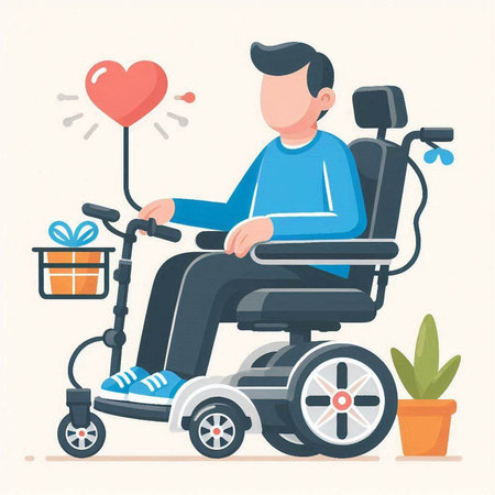 Disabled man in wheelchair with heart and gift box. Vector illustration.のイラスト素材