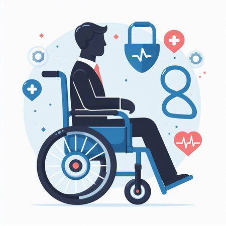 Disabled man in wheelchair. Flat design vector illustration. Health care concept.のイラスト素材