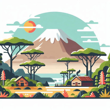 Mountains, forest, lake, village. Vector illustration in flat styleのイラスト素材