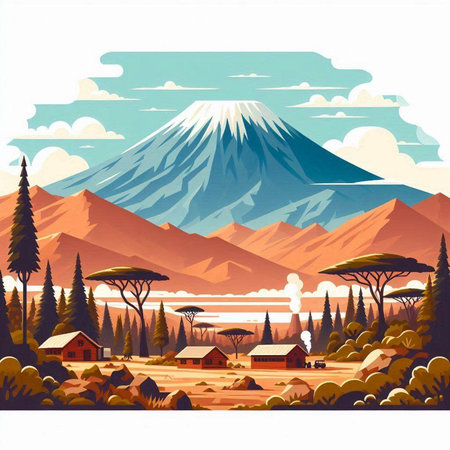 Mountains and forest landscape. Vector illustration in a flat style.のイラスト素材