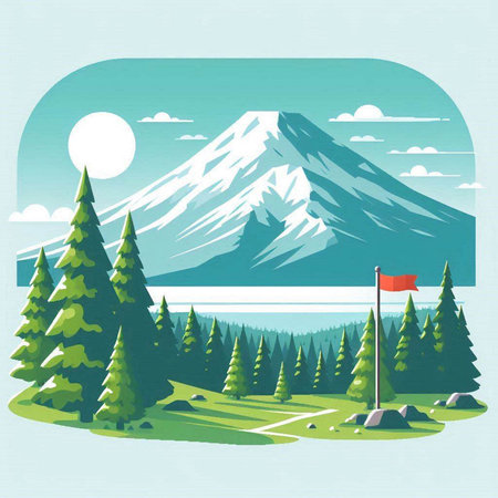 Mountains with pine trees and red flag. Vector illustration in flat styleのイラスト素材