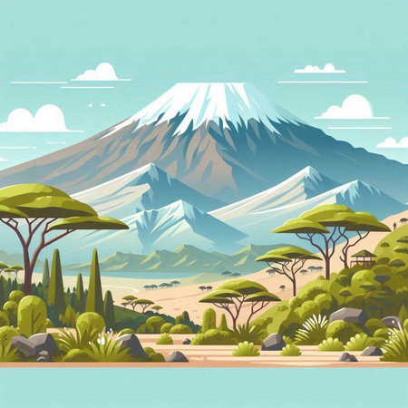 Desert landscape with mount Etna. Vector illustration in flat styleのイラスト素材