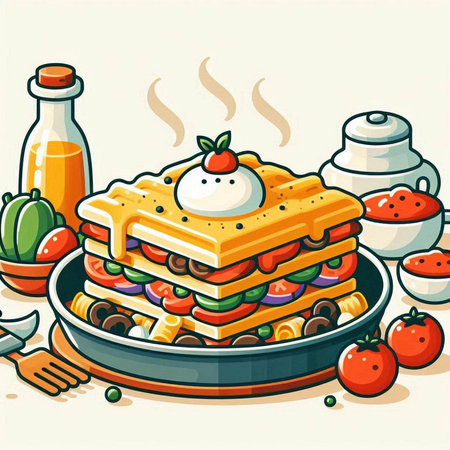 Vector illustration of a tasty breakfast with waffles and fresh vegetables.のイラスト素材