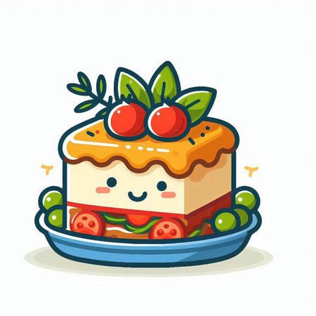 Cute cartoon cheesecake with fruits and berries. Vector illustration.のイラスト素材