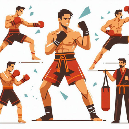 Boxing vector illustration. Boxer, fighter, fighter, kickboxer in different poses.のイラスト素材