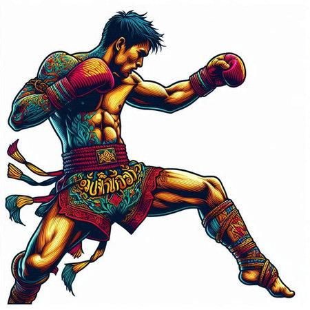 Muay Thai fighter in action. Vector illustration of muay thai fighter.のイラスト素材