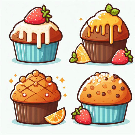Set of cupcakes and muffins with different fillings. Vector illustration.のイラスト素材