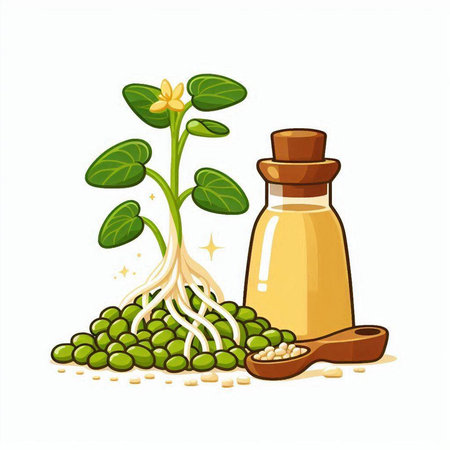 Pea seedling with sprouts and bottle of oil. Vector illustration.のイラスト素材