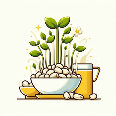 Illustration of bean sprouts in a bowl with a cup of coffeeのイラスト素材