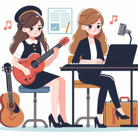 Vector illustration of a girl playing guitar and singing in the studio.のイラスト素材