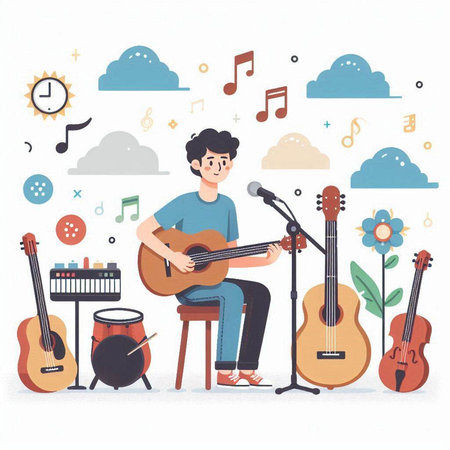 Man playing guitar, singing and playing musical instruments, vector illustration.のイラスト素材