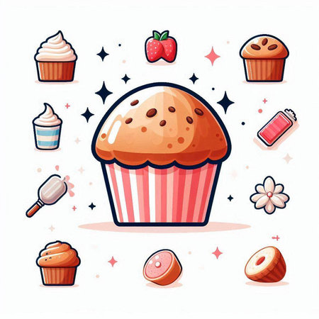 Cupcake and sweets icons. Vector illustration in cartoon style.のイラスト素材