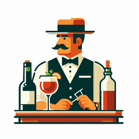 Bartender with a glass of wine. Vector illustration in flat styleのイラスト素材