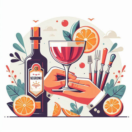 Cocktail party. Vector illustration in flat style. Hand holding a glass of wine, orange and grapefruit.のイラスト素材