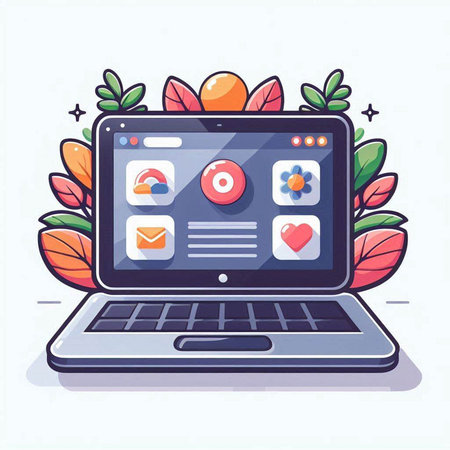 Laptop with social media icons. Vector illustration in flat style.のイラスト素材