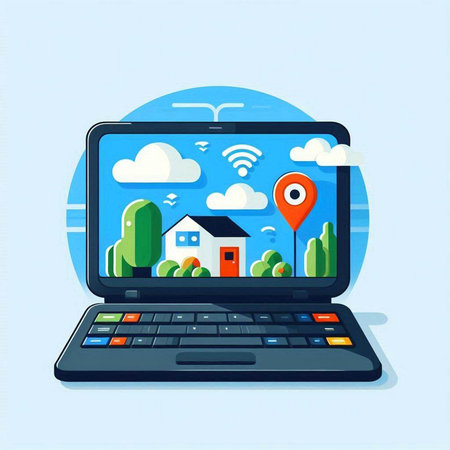 Real estate concept. Laptop with home on screen. Vector illustrationのイラスト素材