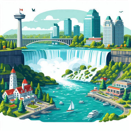 Niagara Falls view from above, USA. Vector illustration in cartoon style.のイラスト素材
