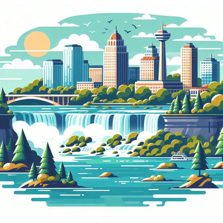 Vector illustration of a cityscape with a river and a waterfall.のイラスト素材