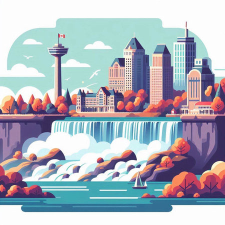 Autumn city landscape with river, skyscrapers and trees. Vector illustrationのイラスト素材