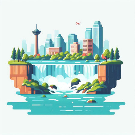 Flat style modern city landscape with river and trees. Vector illustration.のイラスト素材