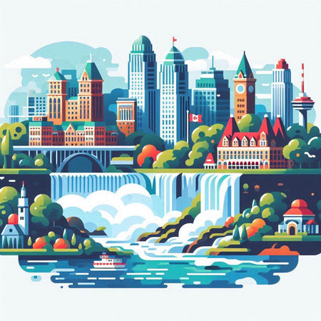 Modern cityscape with buildings and river. Flat style vector illustration.のイラスト素材