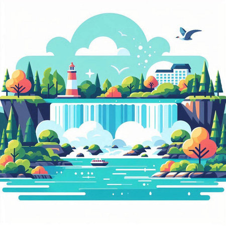Landscape with river and lighthouse. Vector illustration in flat style.のイラスト素材