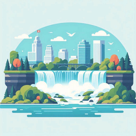 Waterfall in the city. Vector illustration in flat design style.のイラスト素材