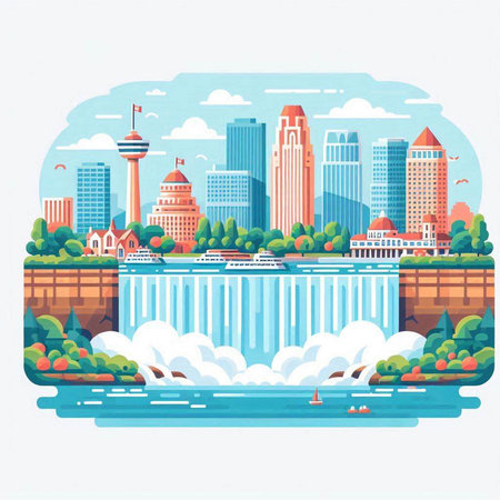 City landscape with river and skyscrapers. Vector illustration in flat styleのイラスト素材