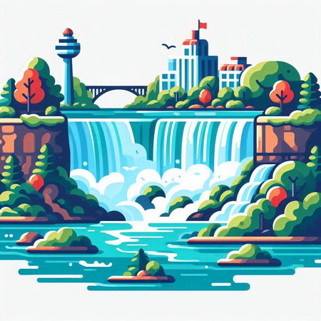 Waterfall and city landscape. Vector illustration in flat cartoon style.のイラスト素材