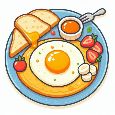 Fried egg on plate with toast, strawberry and honey. Vector illustration.のイラスト素材