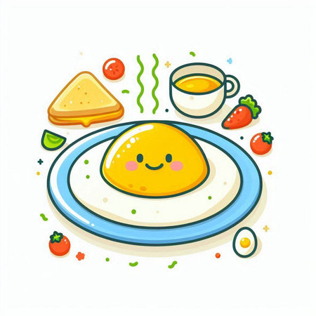 Vector illustration of breakfast with fried egg. Cute food character.のイラスト素材