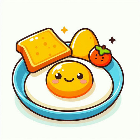 Fried egg with toast and strawberry. Vector illustration in cartoon style.のイラスト素材
