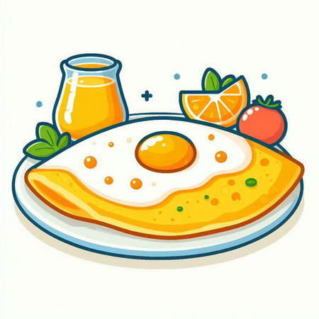 Illustration of omelette with fried egg and orange juice.のイラスト素材