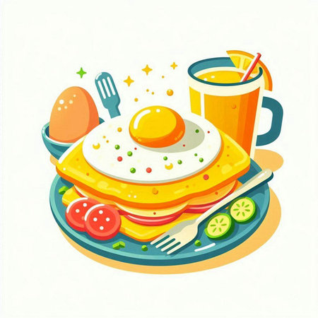 Breakfast with fried eggs, tomato and juice. Vector illustration.のイラスト素材
