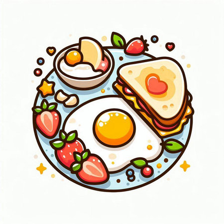 Breakfast with fried eggs, scrambled eggs, sandwiches and strawberries. Vector illustration.のイラスト素材