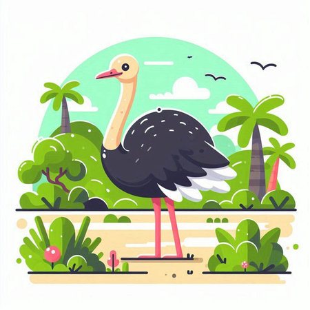 Ostrich flat vector illustration. Cute ostrich in the park.のイラスト素材