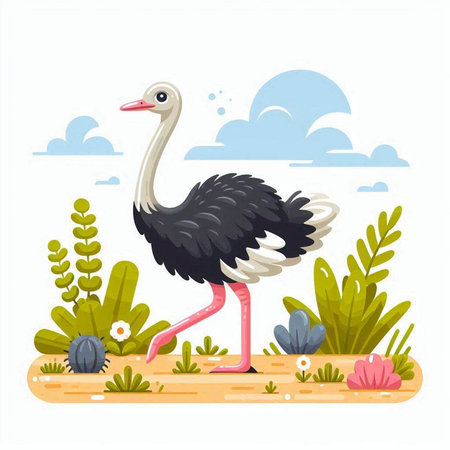 Ostrich on the island. Vector illustration in cartoon style.のイラスト素材
