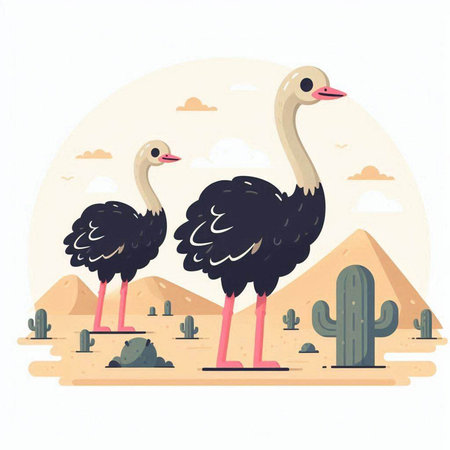 Ostrich in the desert. Vector illustration in flat style.のイラスト素材