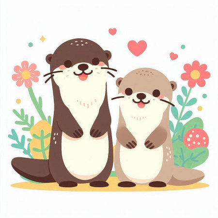 Cute cartoon otters on a background of flowers. Vector illustration.のイラスト素材