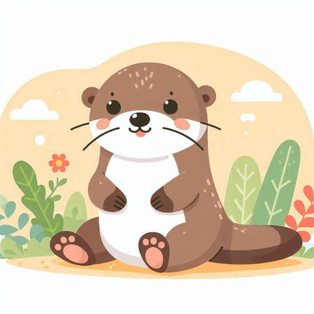 Cute otter sitting on the ground in the park. Vector illustration.のイラスト素材