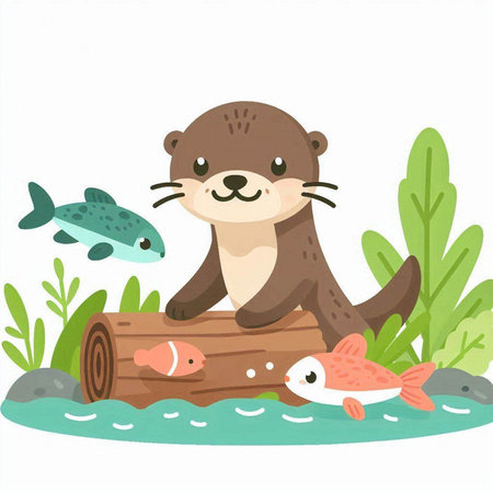 Cute cartoon otter sitting on a log with fishes. Vector illustration.のイラスト素材