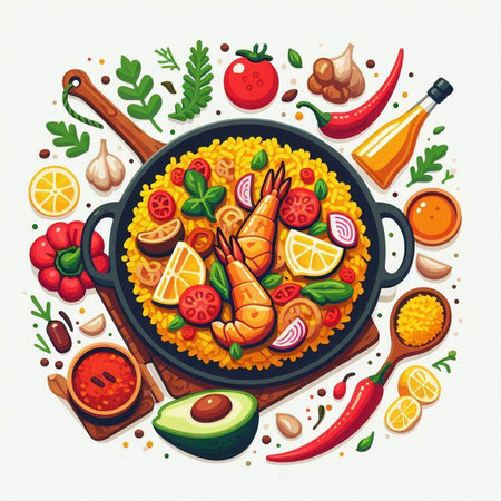 Illustration of paella with prawns, tomato, avocado, lemon, herbs and spices in a pan.のイラスト素材