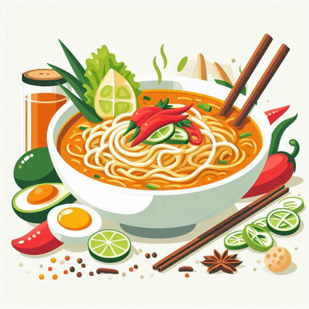 Noodle soup in bowl with chopsticks and ingredients. Vector illustration.のイラスト素材