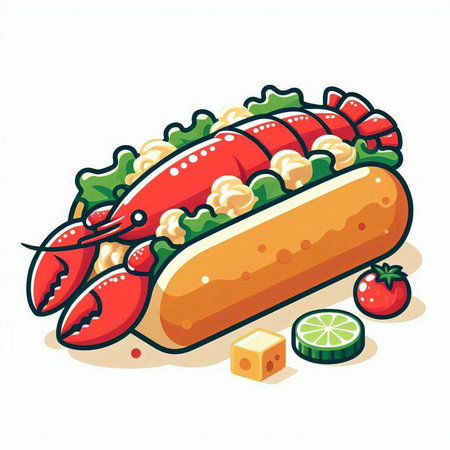 Illustration of a hot dog with seafood and vegetables on a white backgroundのイラスト素材